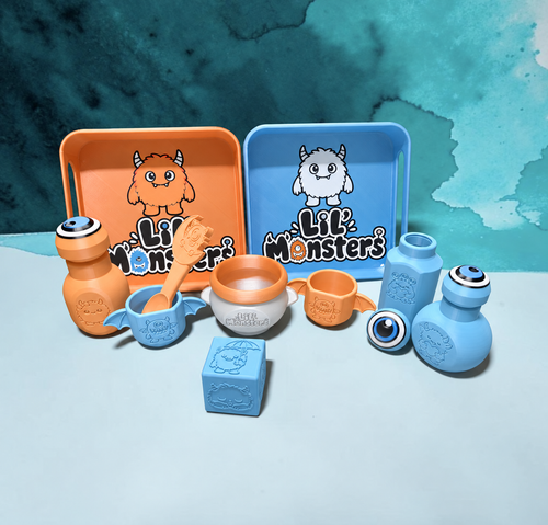 Lil’ Monsters 3D-printed activity set mockup in apricot and baby blue
