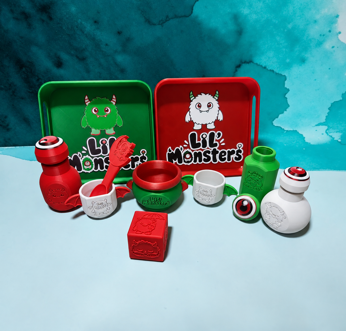 Lil’ Monsters 3D-printed activity set mockup in a candy colorway