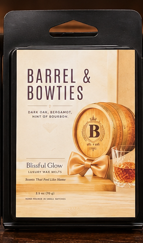 Glow Blissful Barrel & Bowtie bourbon scented wax melt in black clamshell packaging with rustic barrel illustration