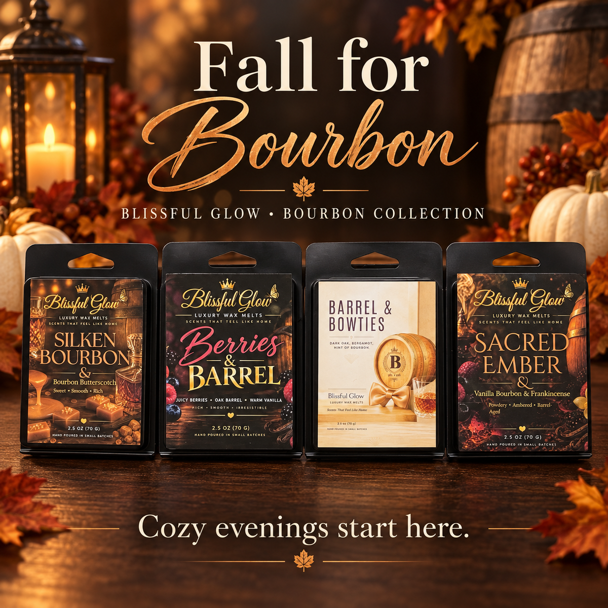Glow Blissful Bourbon wax melt collection in black clamshell packaging displayed against a cozy autumn background.