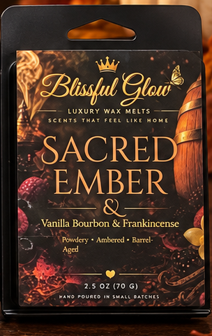 Glow Blissful Sacred Ember wax melt in black clamshell packaging featuring vanilla, bourbon, and frankincense notes.