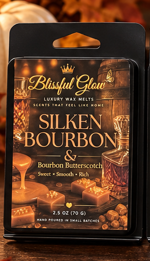 Glow Blissful Silken Bourbon wax melt in black clamshell packaging with warm, sophisticated autumn-themed label.