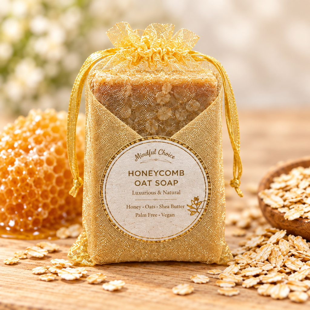 Close-up of a Honeycomb Oat Soap bar in a gold organza gift bag