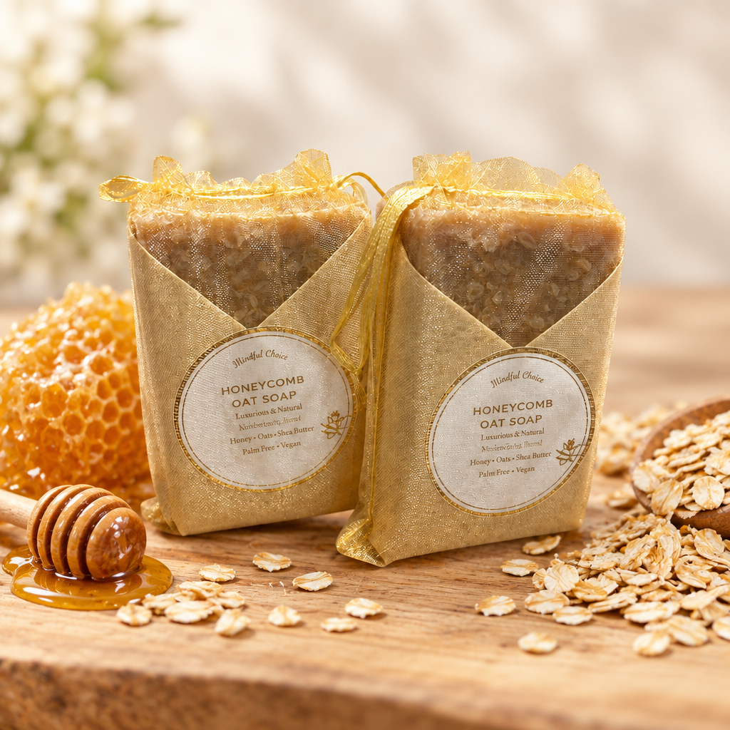 Two Honeycomb Oat Soap bars in gold organza gift bags with honeycomb and oats on wood