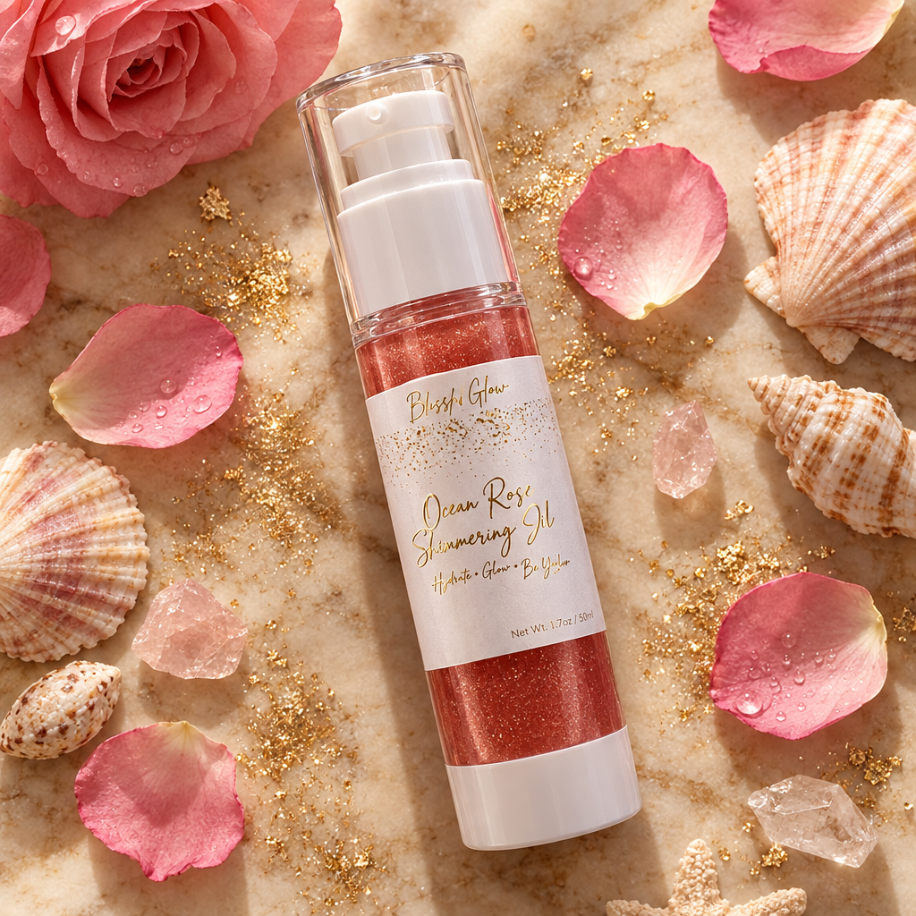 Ocean Rose Shimmer Oil flat lay with rose petals and seashells