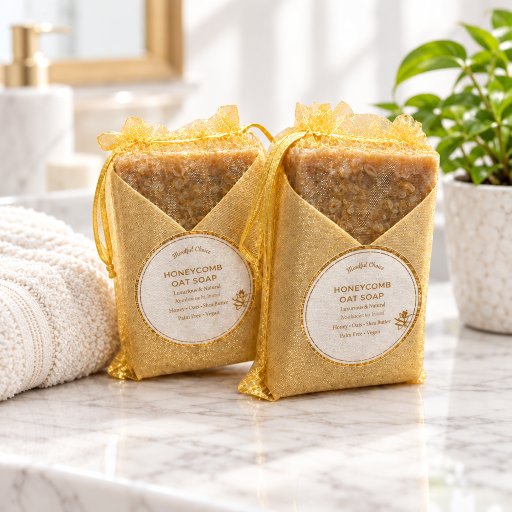 Honeycomb Oat Soap bars on a marble bathroom counter with a towel
