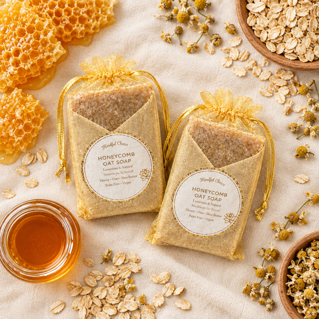 Flat lay of Honeycomb Oat Soap bars with honeycomb, oats and honey